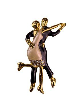 Vintage Unknown Gold Tone Enamel Dancing Couple Brooch Rhinestones